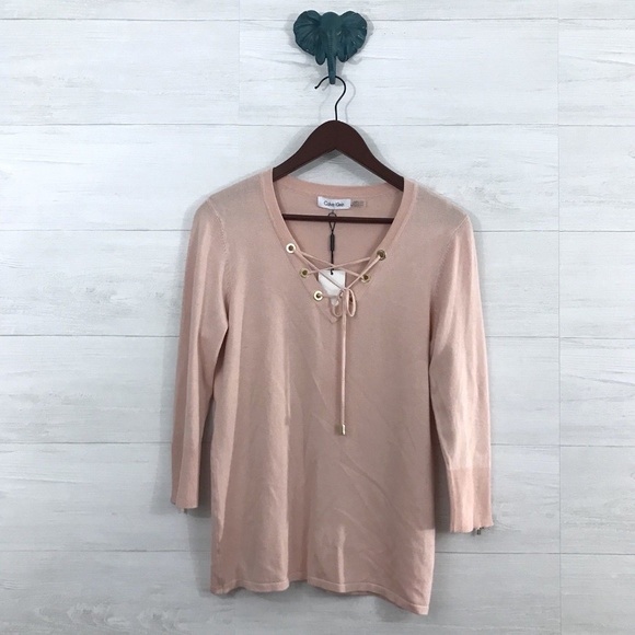 Calvin Klein Sweaters - NWT Calvin Klein Blush Lace Up Thin Knit Sweater